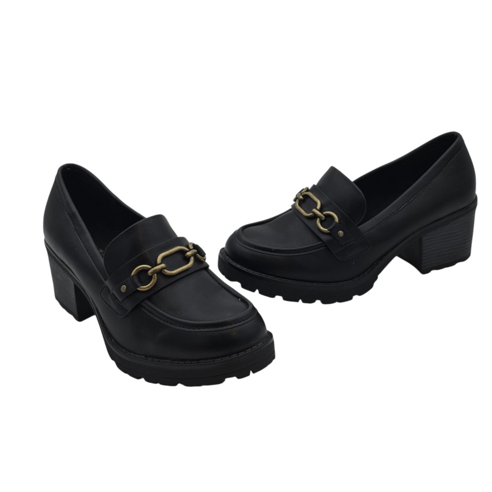 Cliffs by White Mountain Black‎ Vegan Leather Chunky Loafer Heels Chain 7.5